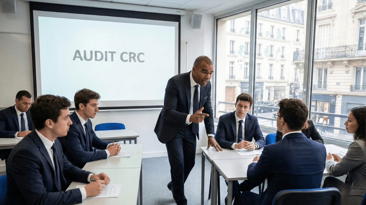 Audit CRC : Stéphane Tonnelier debout face aux étudiants en situation d'évaluation